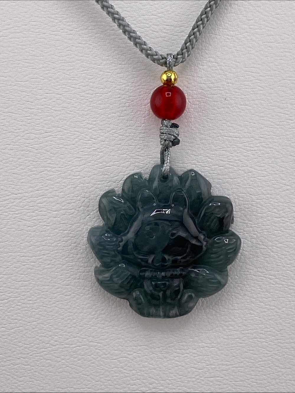 Hand-Carved Dark Green Lotus Pendant Necklace with Red Accent